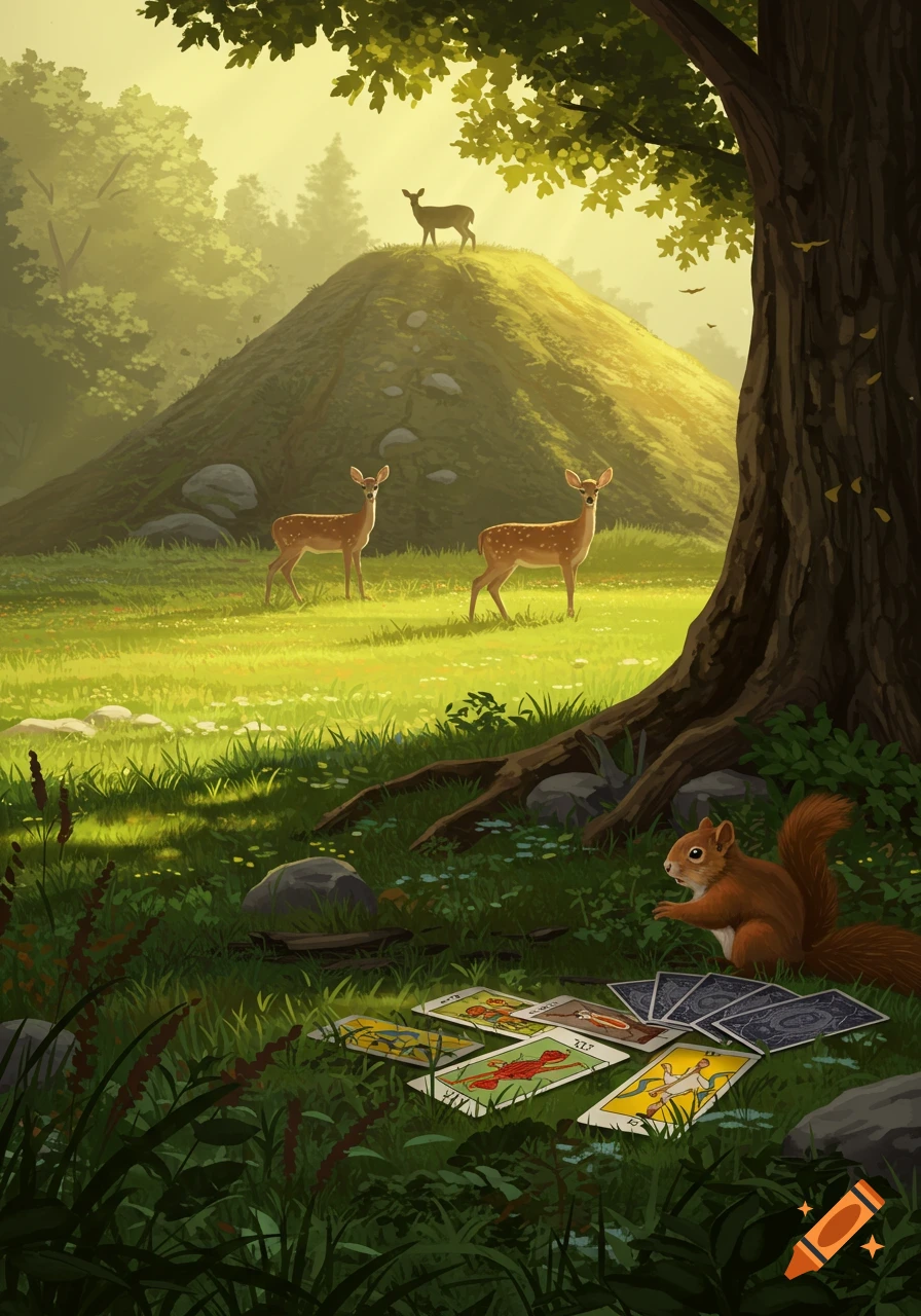 A squirrel sits among tarot cards under a large tree, with three deer in a sunlit meadow and a large hill behind it.