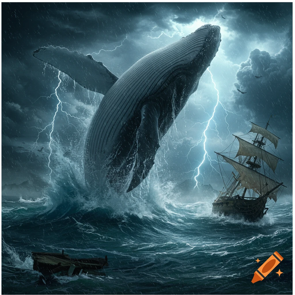 A colossal whale breaches a stormy ocean amidst lightning, with a tall ship nearby and crashing waves.