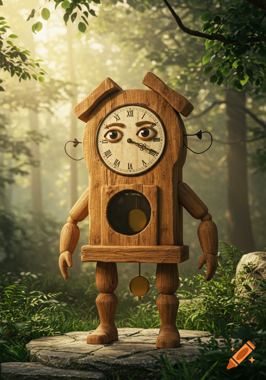 A whimsical wooden cuckoo clock character with a human face and legs stands on a stone in a sunlit forest.