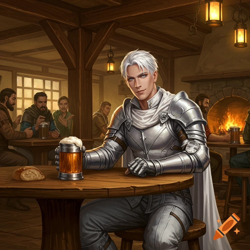 A handsome young man with white hair in silver armor sits at a wooden table, holding a beer mug in a bustling fantasy tavern.