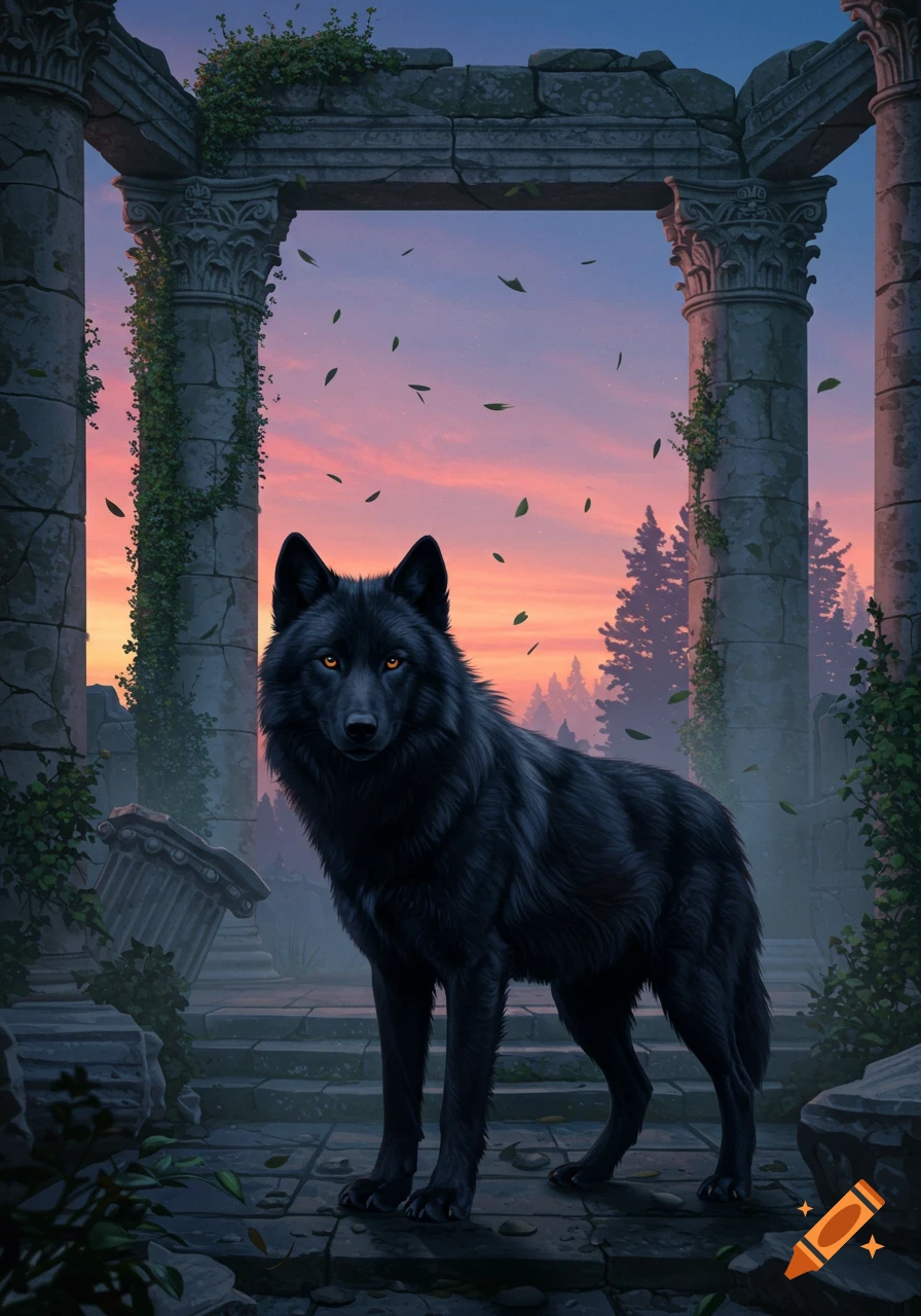 A black wolf with glowing orange eyes stands among ancient ruins at twilight.