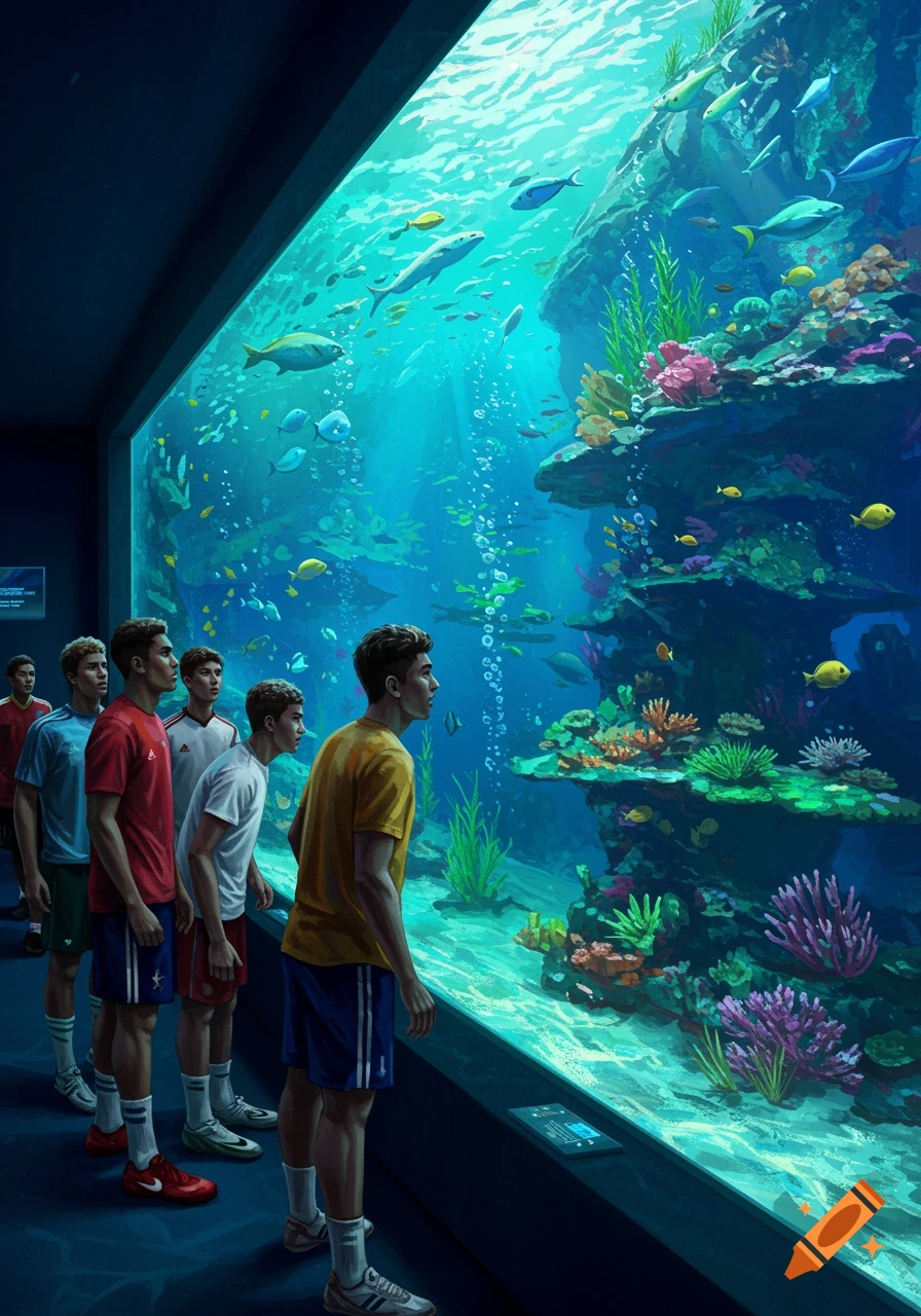 A group of young men in sportswear stand in front of a large, vibrant aquarium tank filled with colorful fish and coral.