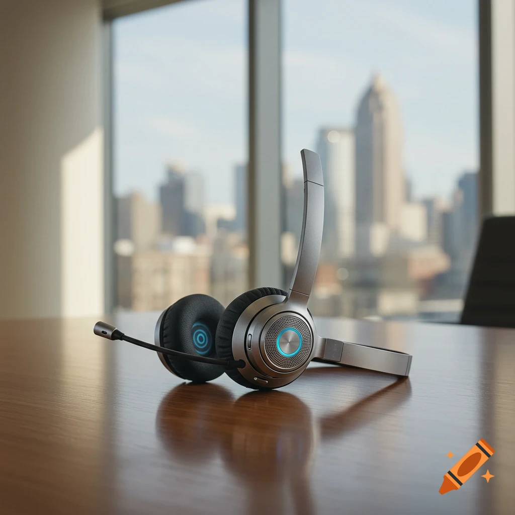A silver and black headset with a microphone rests on a polished wooden desk, with a city skyline visible through a large window in the background.