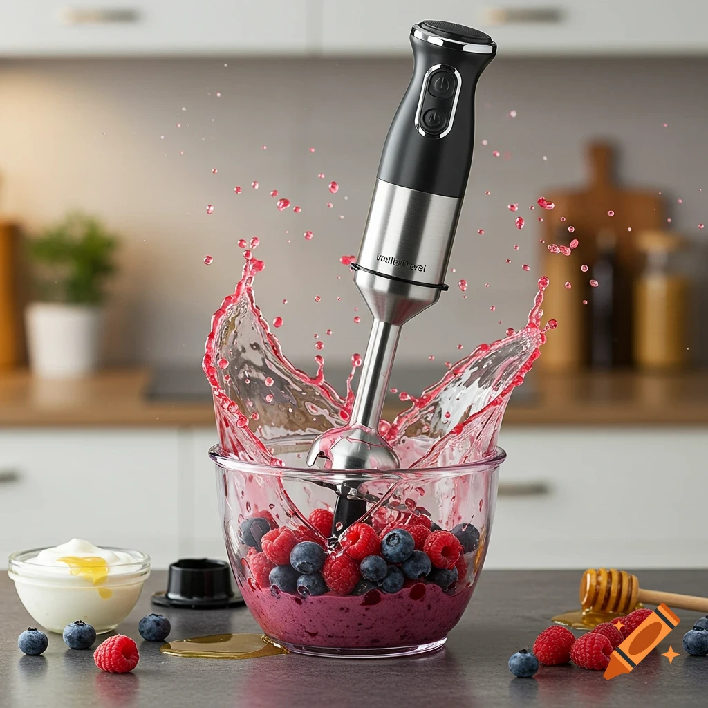 A close-up shot of a black and silver hand blender blending raspberries and blueberries in a glass bowl, creating a vibrant red splash. Honey and yogurt are also visible on a kitchen counter.
