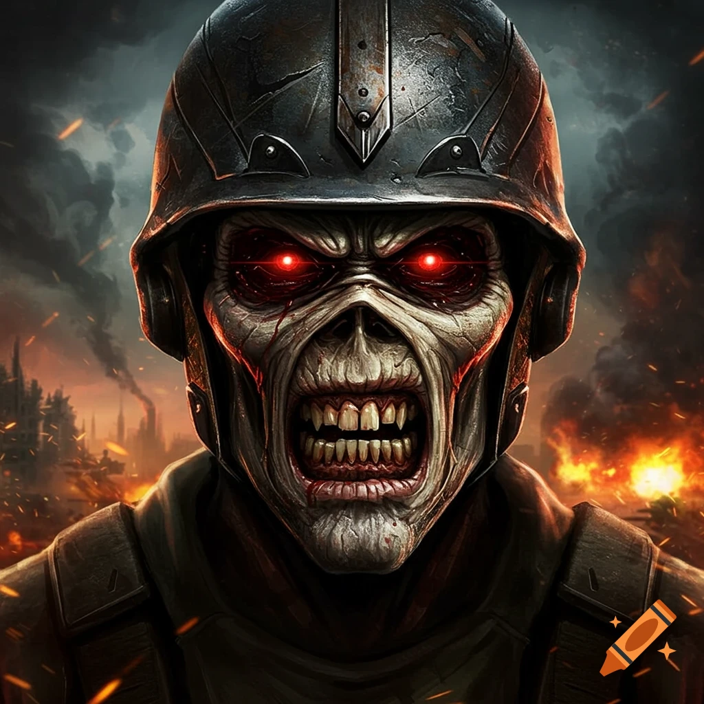 A close-up of a zombified soldier in a helmet with glowing red eyes against a fiery, war-torn background.