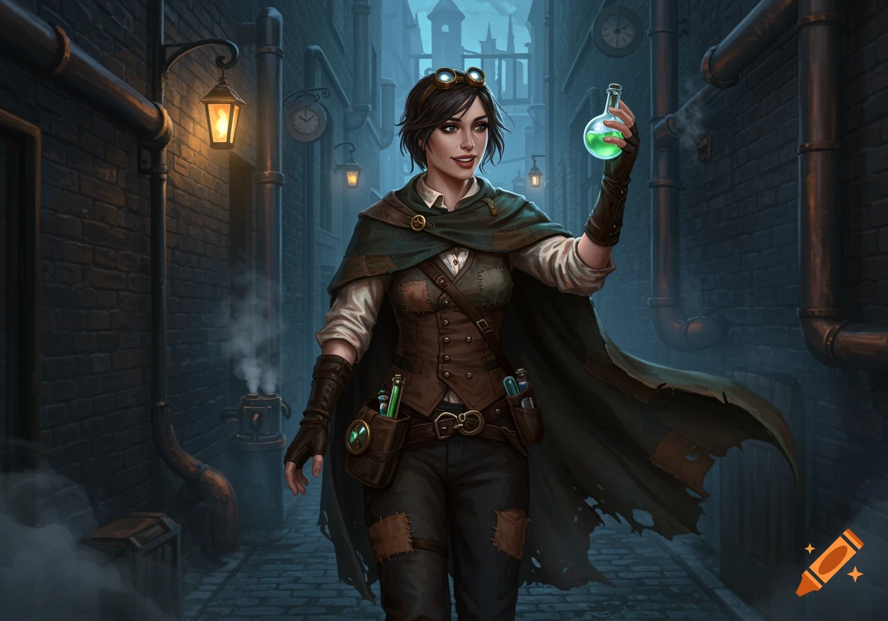 A female alchemist in steampunk attire holds a glowing flask in a dark, brick alley.