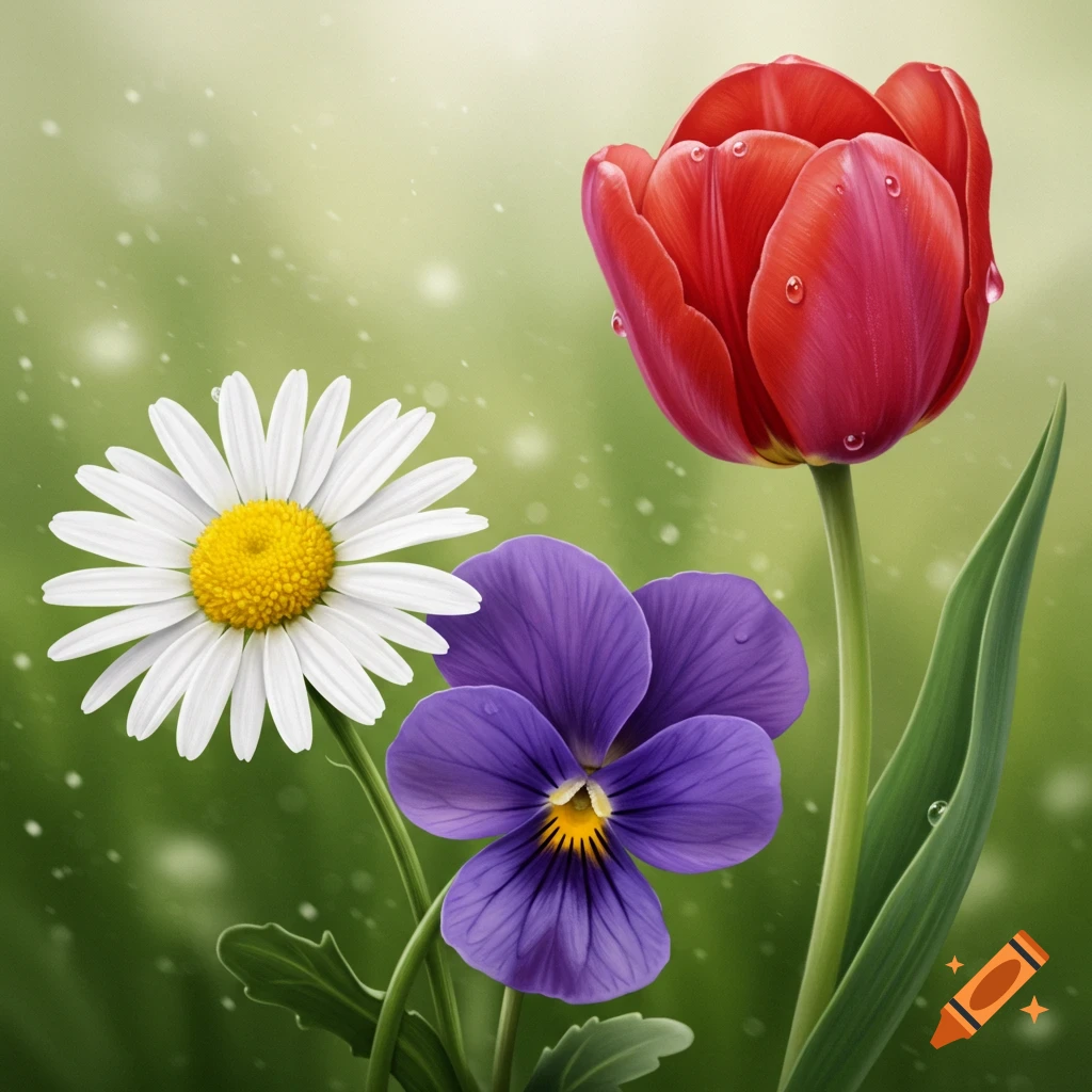 A close-up of a white daisy, a purple violet, and a red tulip with water droplets on a green bokeh background.
