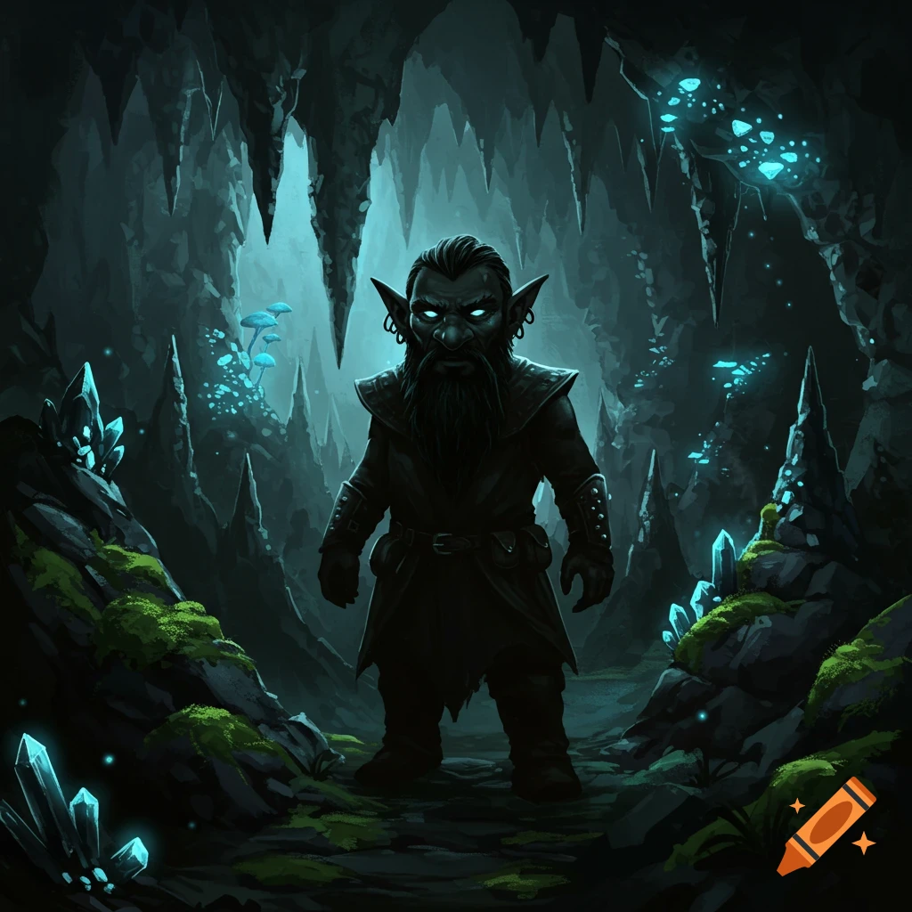 A shadowy male deep gnome with glowing blue eyes and a long beard stands in a dark, crystal-filled fantasy cave.