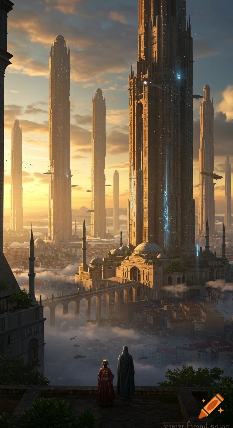 Two figures overlook a sprawling futuristic city with towering spires piercing through clouds at sunset, blending ancient and sci-fi architecture.