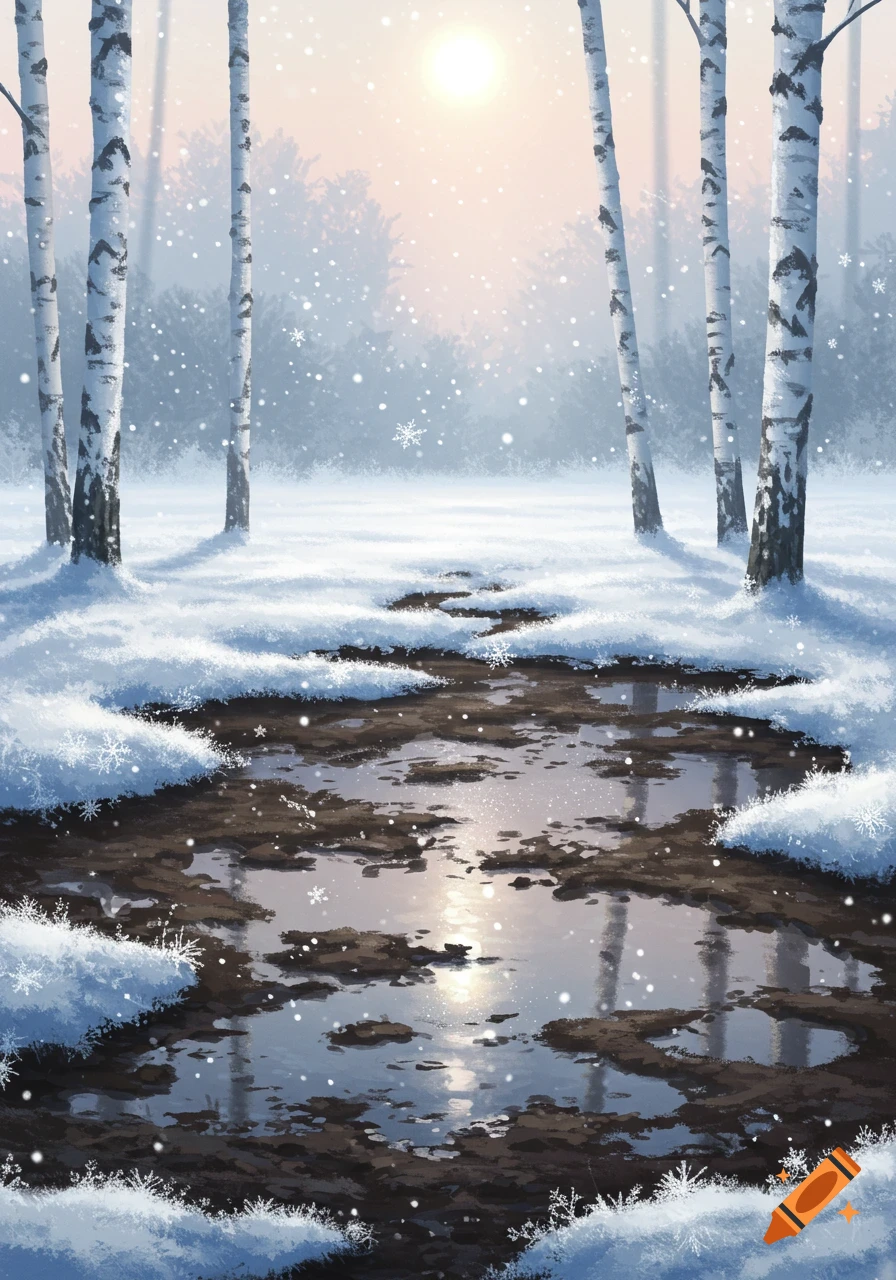 Stylized winter landscape with birch trees, snow-covered ground, and muddy path with puddles reflecting a bright sun.