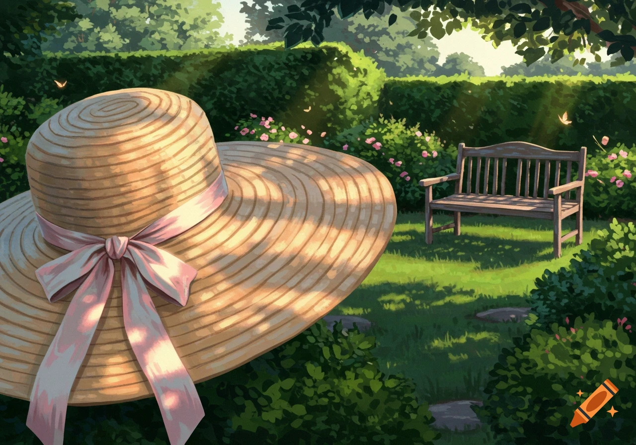 A large straw sun hat with a pink ribbon sits in the foreground of a sunny garden with a wooden bench, lush greenery, and blooming flowers.