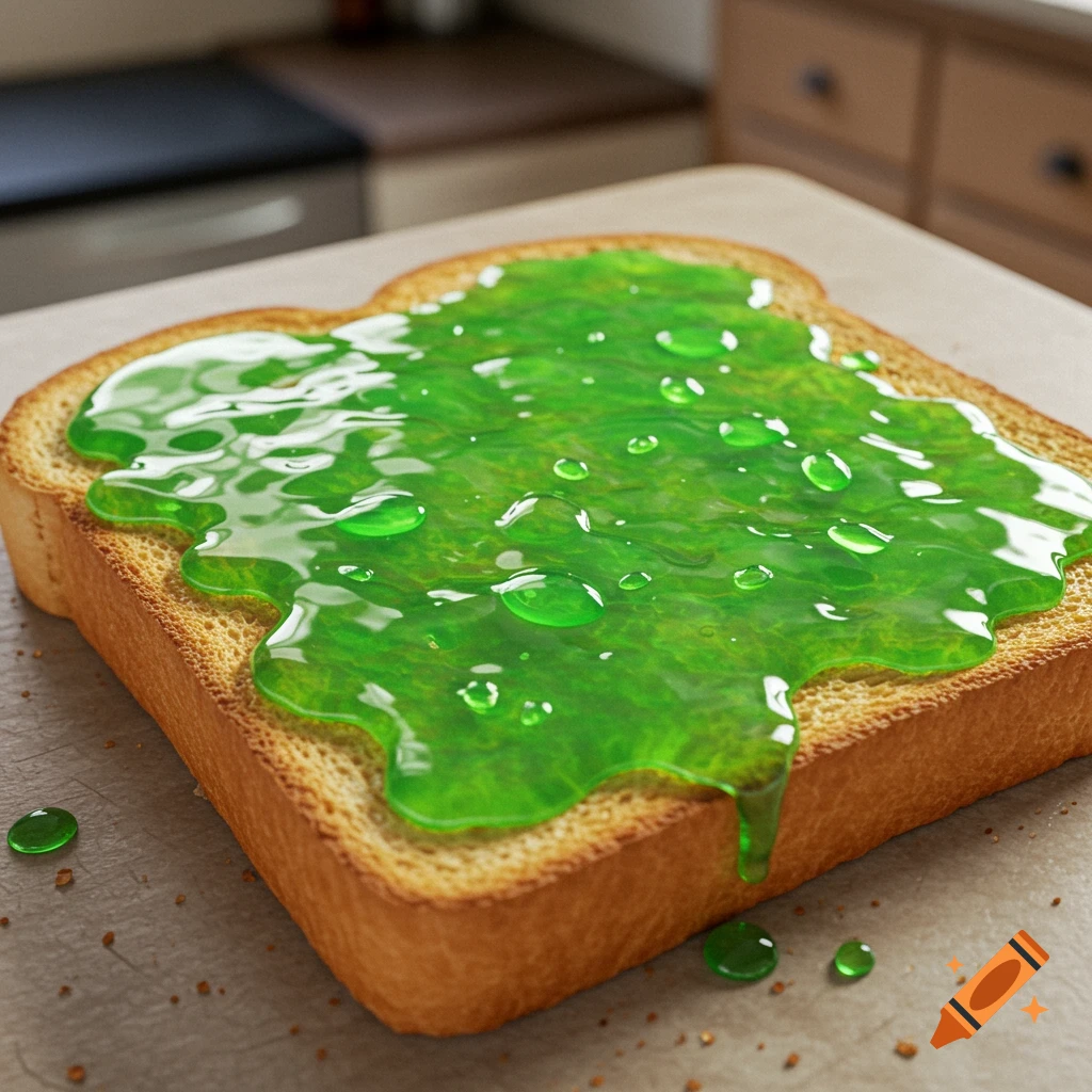 A photorealistic image of a slice of toast covered in bright green, translucent jelly or liquid.
