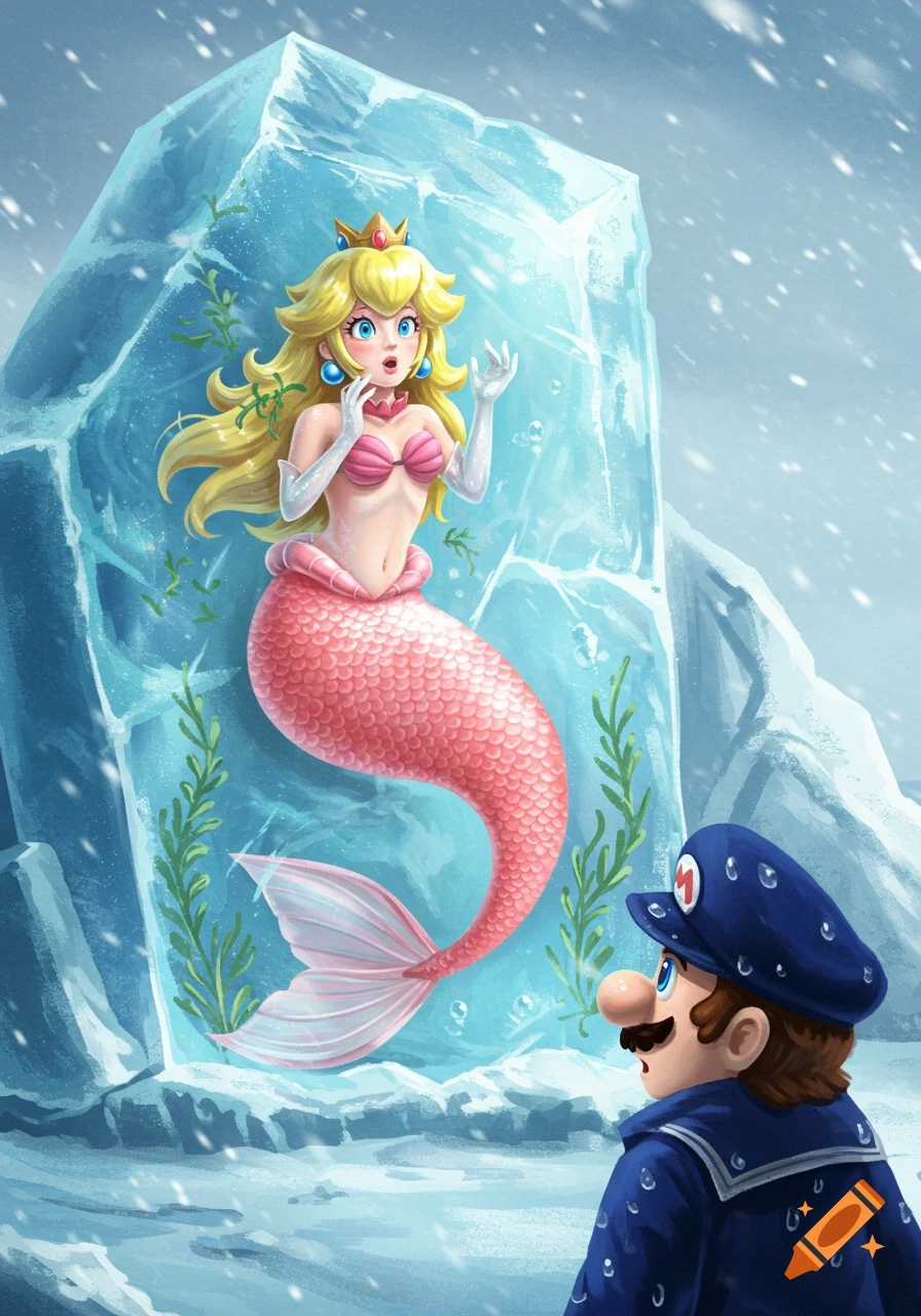 Princess Peach as a mermaid, trapped in a large block of ice, as Sailor Mario discovers her in a snowy landscape.