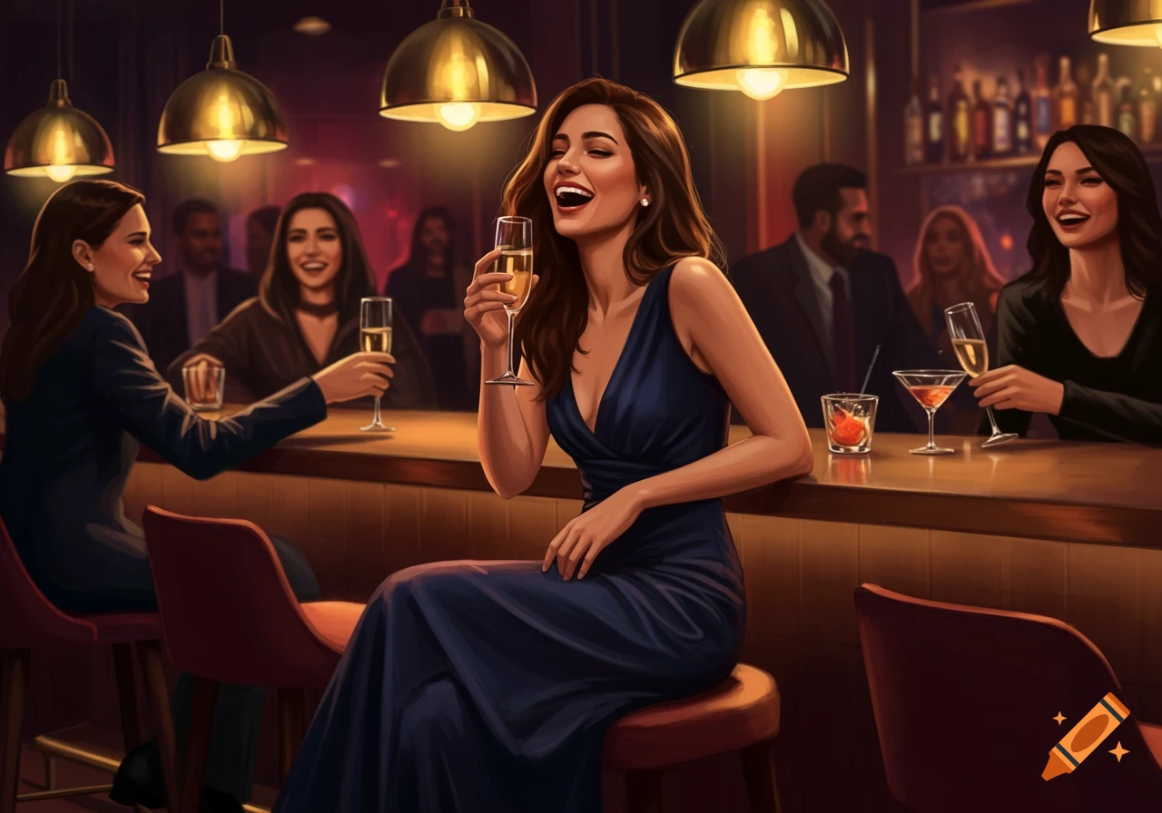 Three women laughing and drinking at a lively bar counter at night, with other patrons in the background, in an illustrated style.