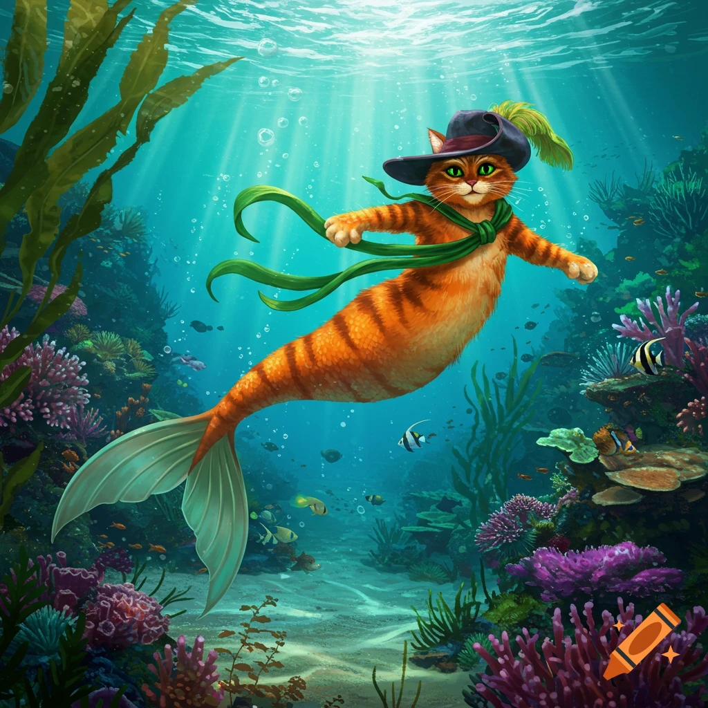 Puss in Boots as a mermaid, swimming underwater among colorful coral and fish in a detailed illustration.