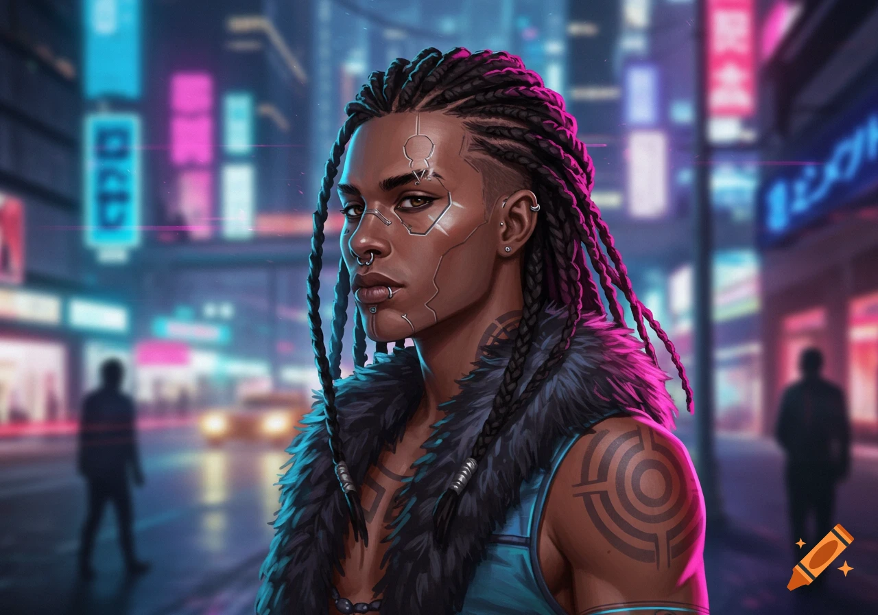 A person with braids, facial cybernetics, piercings, and tattoos in a vibrant cyberpunk city.