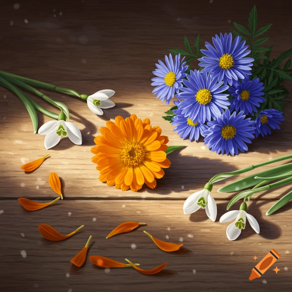 Orange calendula, blue asters, and white snowdrops with scattered petals on a wooden surface in sunlight.