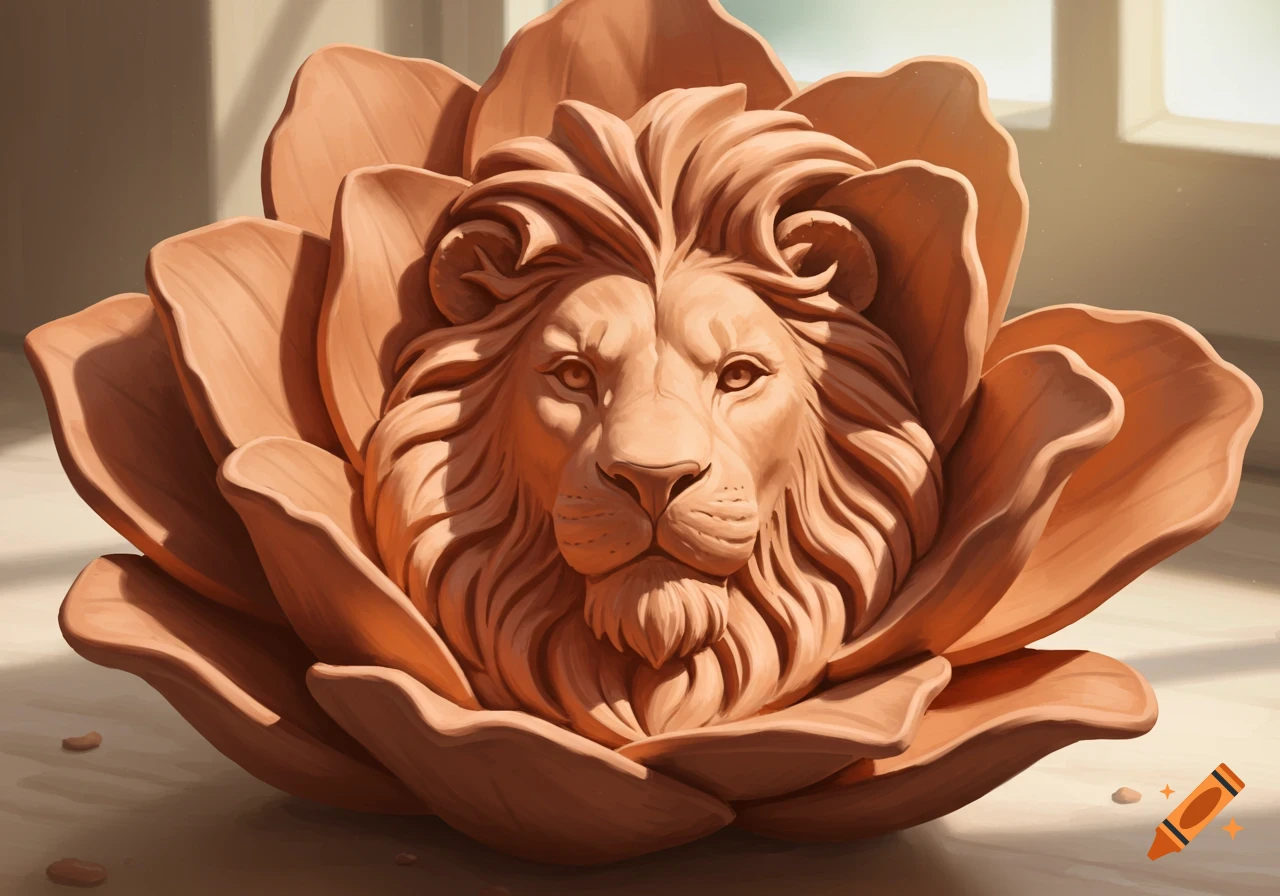 A terracotta sculpture of a lion's head in the center of a blooming flower, in a sunlit room.