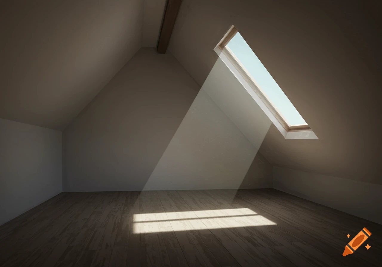 An empty, plain attic room with a sloped ceiling and wooden floor, illuminated by a beam of sunlight from a large skylight on the right.