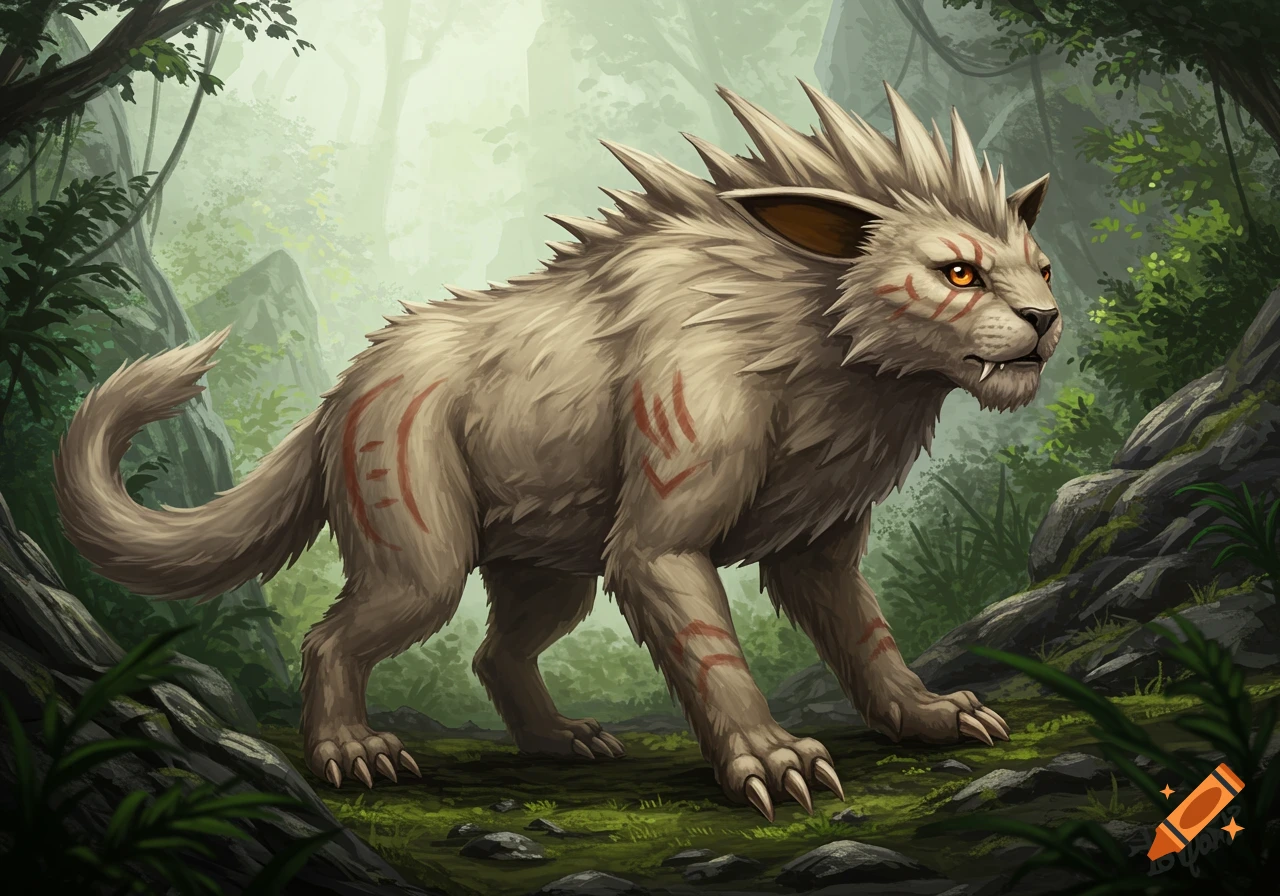 A prehistoric, spiky-furred Eevee-like creature with red tribal markings stands in a lush, misty forest.