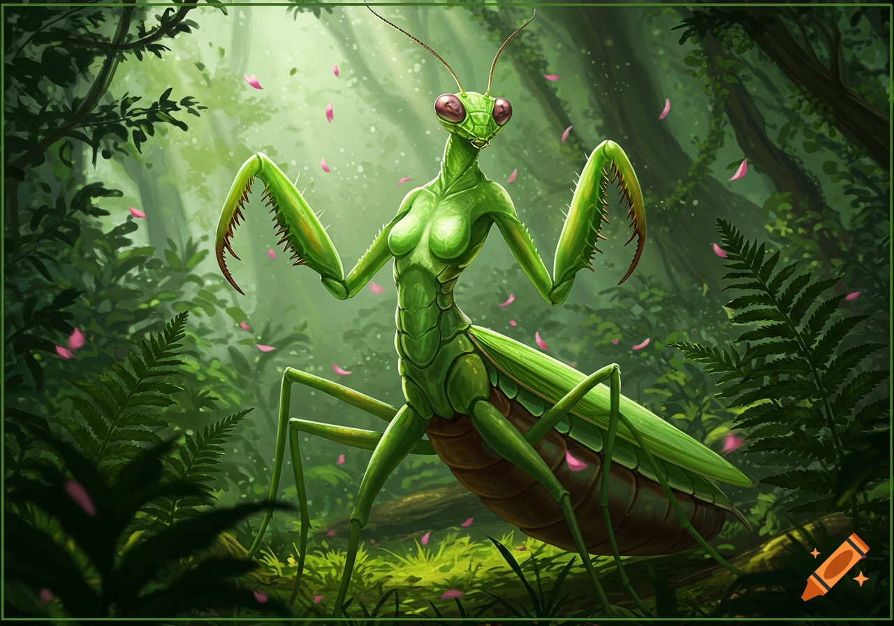 A green praying mantis humanoid hybrid stands in a lush green forest in a realistic illustration style.