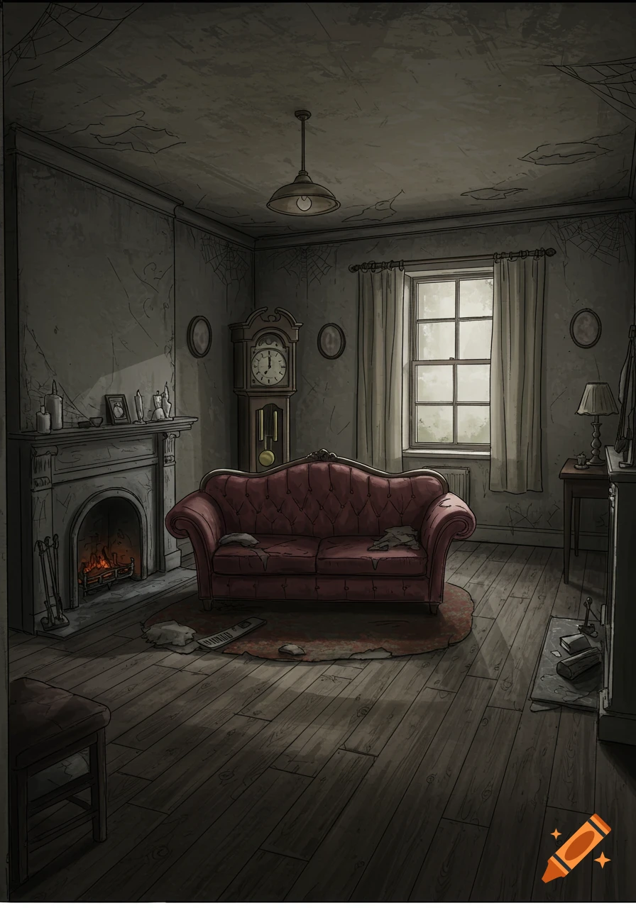 A rundown 2D illustrated living room with a red couch, fireplace, grandfather clock, and cobwebs.