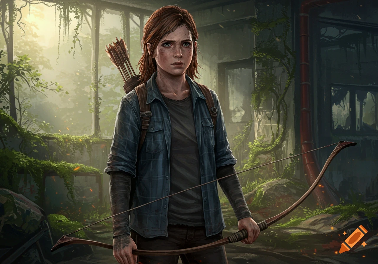Ellie Williams, a young woman with a bow and quiver, stands in an overgrown, ruined building, surrounded by lush vegetation and soft light.