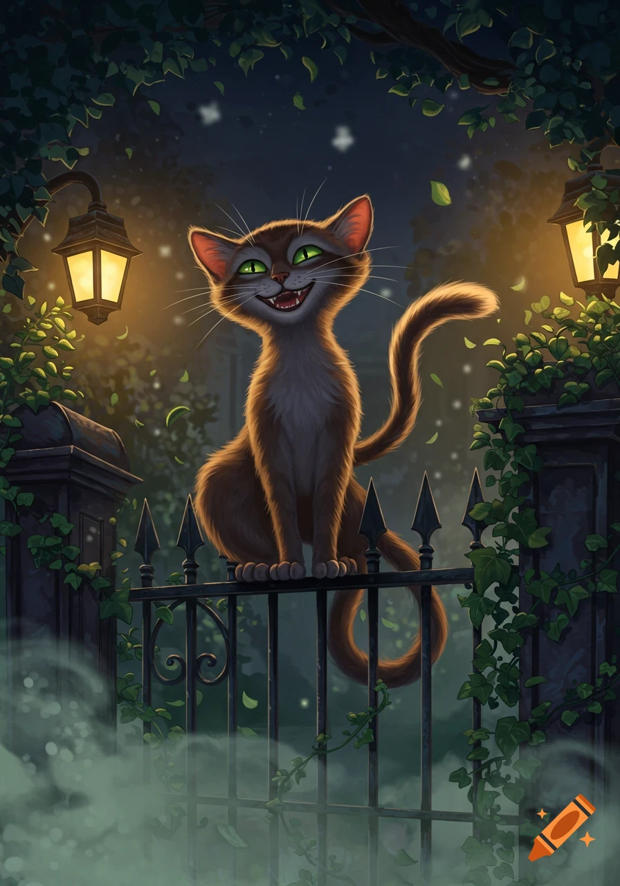 A mischievous brown cat with glowing green eyes sits atop a dark metal fence at night, lit by two glowing lanterns, with vines and leaves around.