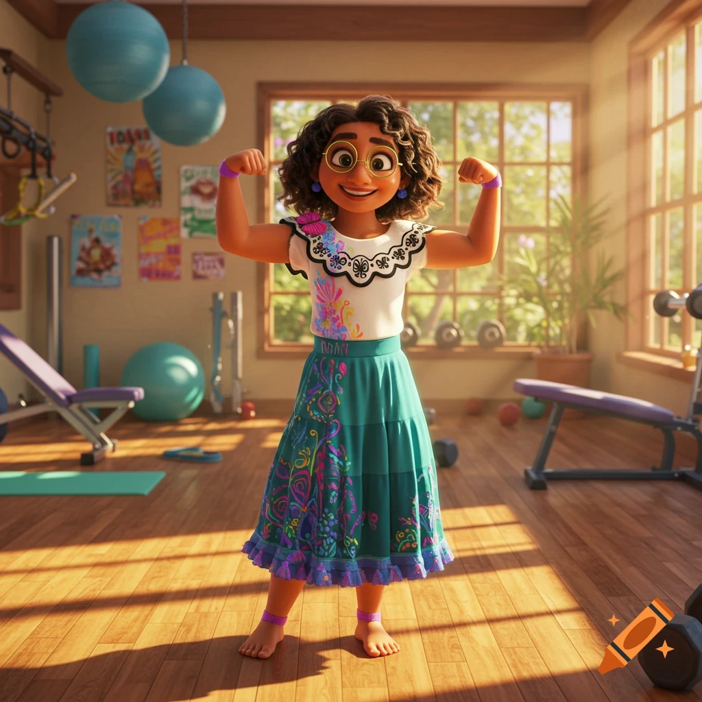 Mirabel from Encanto, a 3D cartoon character, smiles proudly while flexing her biceps in a brightly lit gym.
