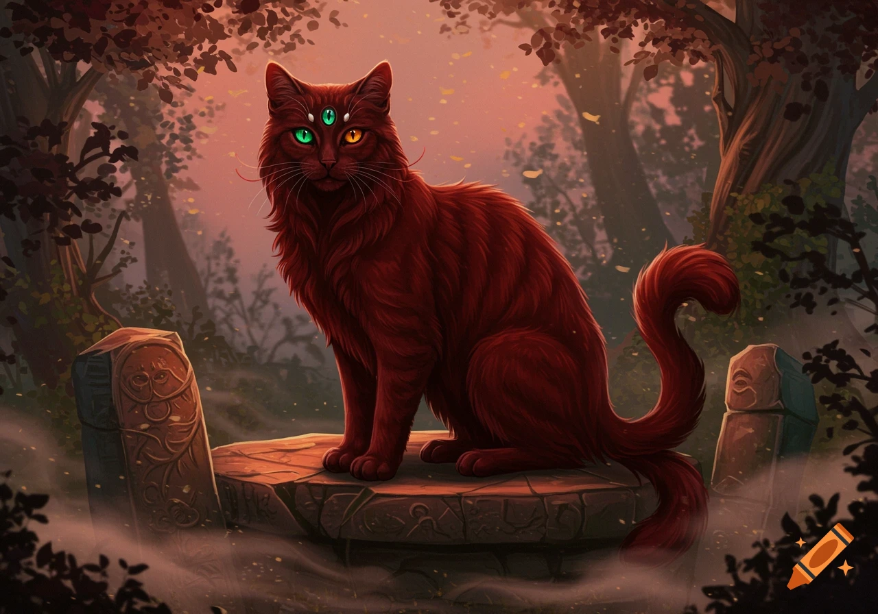 A dark red, fluffy three-eyed cat with green and orange eyes sits on an ancient stone in a mystical forest at dusk, digital art.