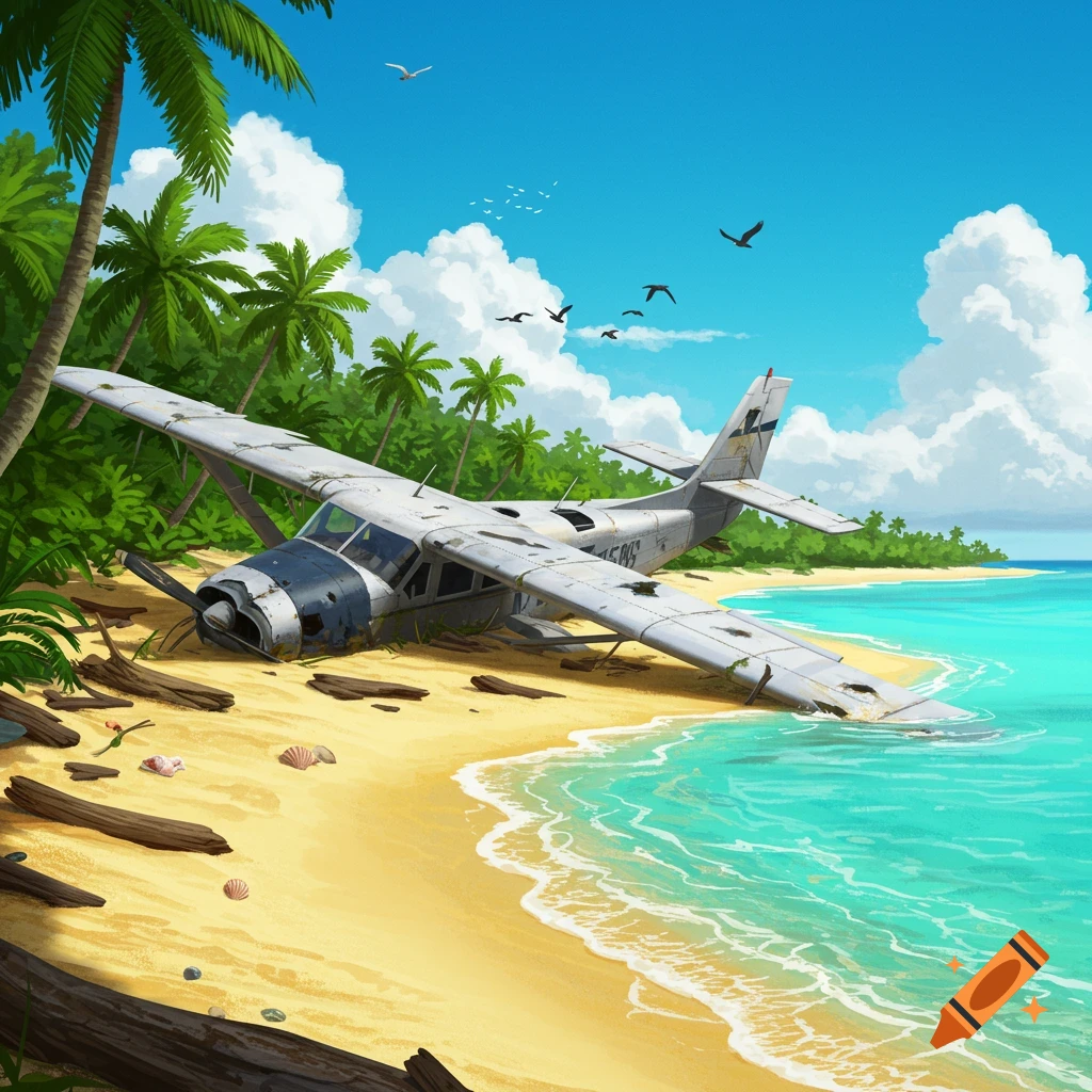 A small crashed airplane lies on a sandy tropical beach, partially submerged in clear turquoise water under a blue sky with palm trees.
