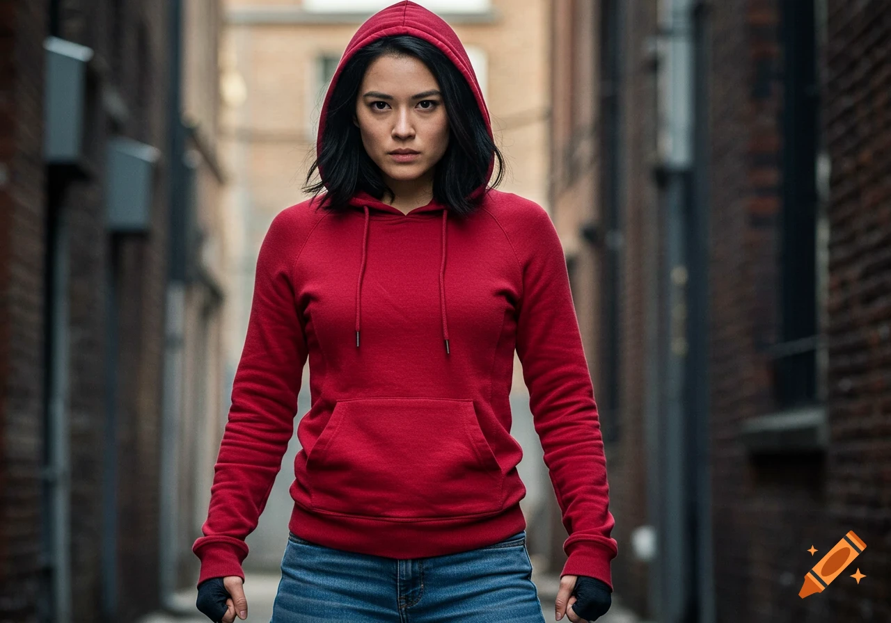 A serious woman with dark hair wearing a red hoodie and blue jeans stands in an urban alley.