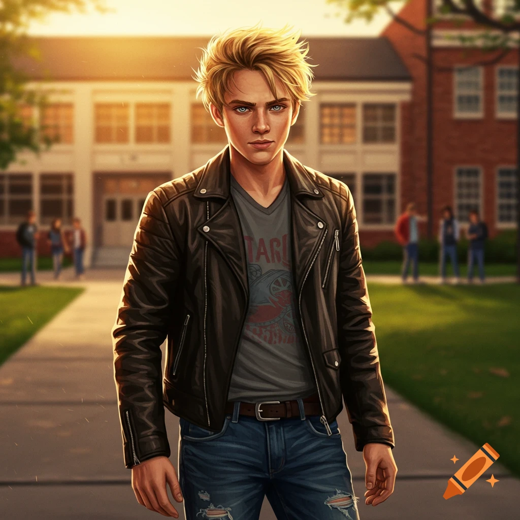 A blonde high school boy in a leather jacket and jeans stands in front of a school building at sunset, digital art.