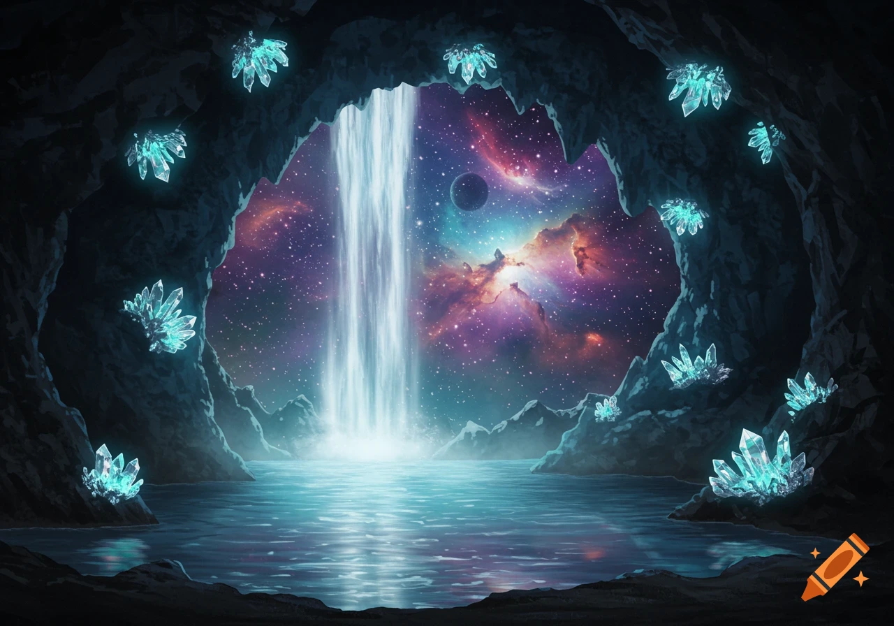 A surreal cave with a waterfall flowing into a glowing pool, opening to a vibrant cosmic sky filled with nebulae and a planet. Blue crystals glow on the cave walls.