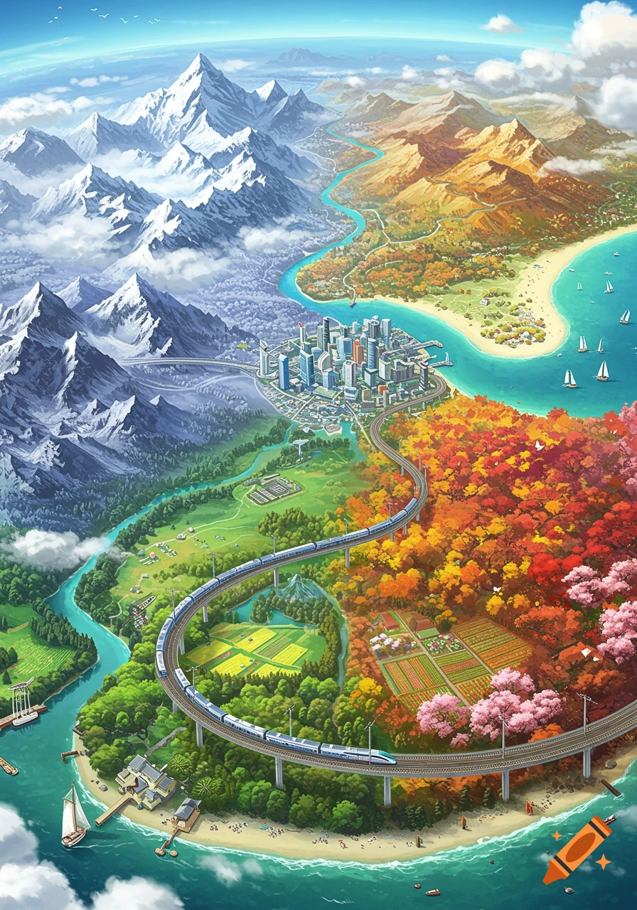 Vibrant aerial map illustration showing four distinct seasons: snowy mountains, a city and beach, an autumn forest, and spring farms with a train.