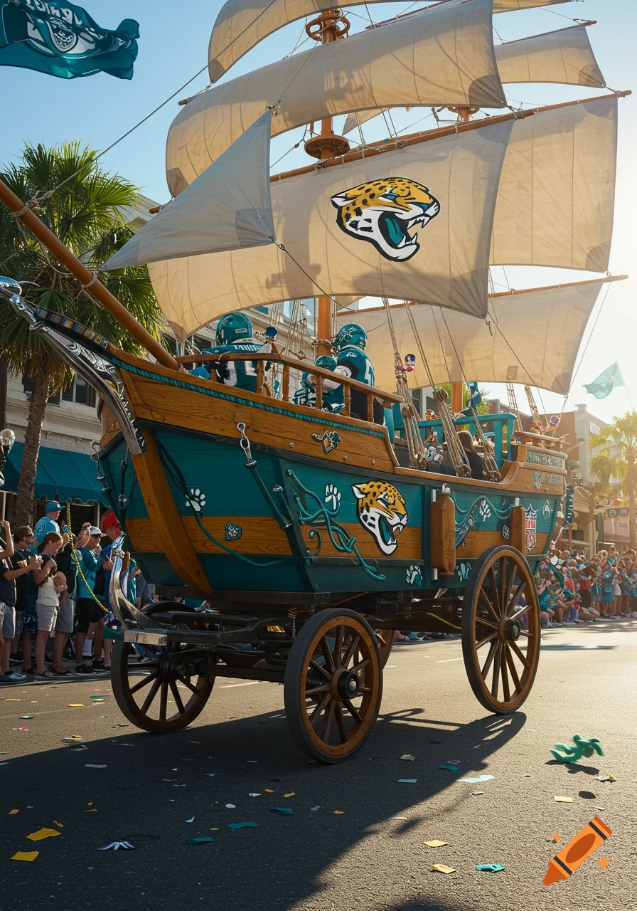 A Jacksonville Jaguars themed schooner-wagon float drives down a street during a parade, with fans lining the road. The teal and wood boat has Jaguars logos and NFL shield emblems, with players in teal helmets and jerseys on board.