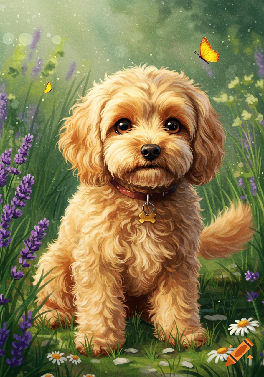 A cute fluffy golden-brown dog sits among purple lavender and white daisies, with yellow butterflies in a soft green field.