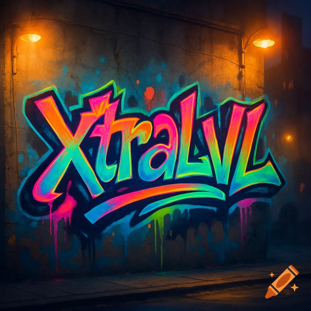 Vibrant neon graffiti spelling 'XtraLVL' on a dark concrete wall illuminated by streetlights.