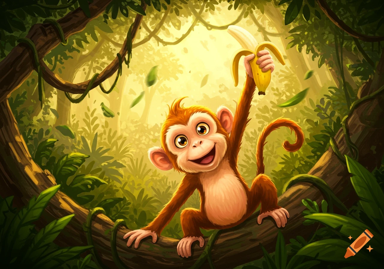 A happy cartoon monkey with big eyes holds a peeled banana while hanging from a vine in a bright jungle.