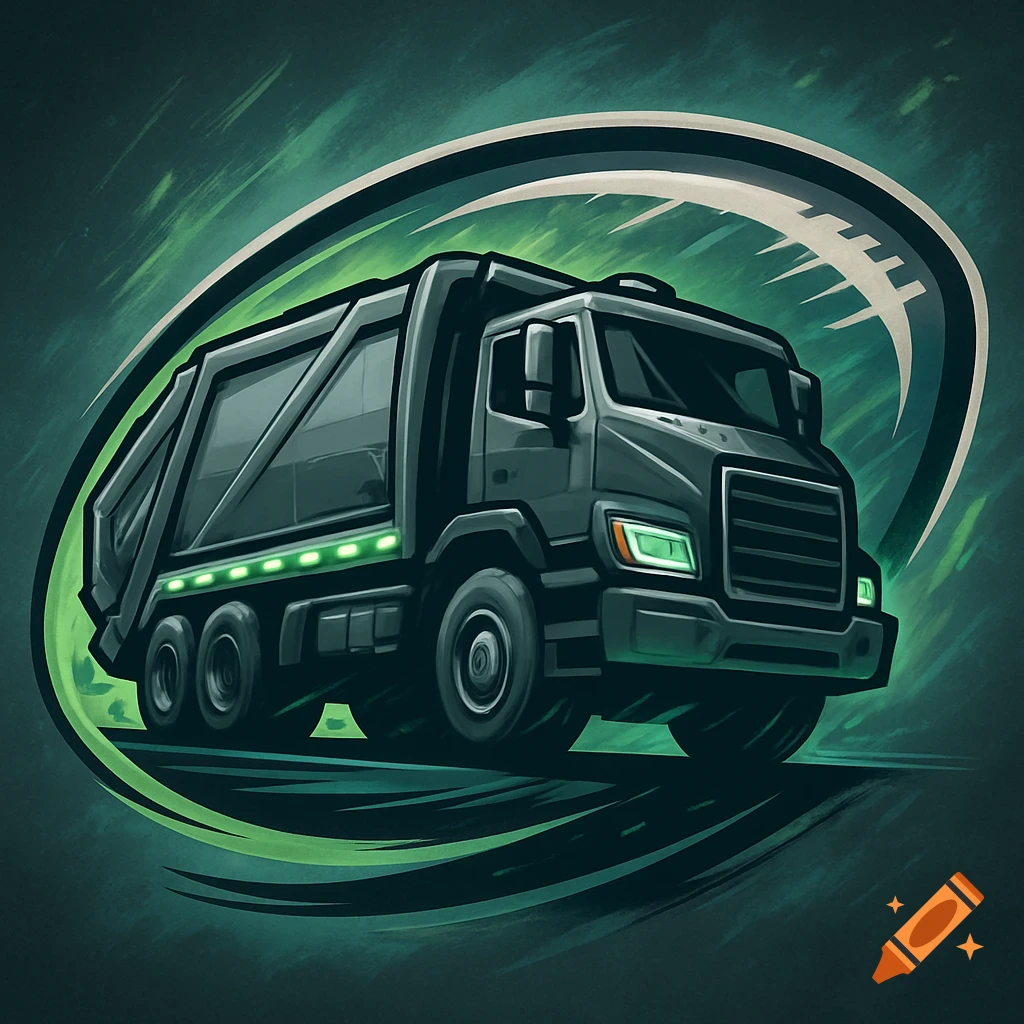 A dark stylized garbage truck with glowing green lights, set against an abstract green background with a football logo design, in a digital art style.