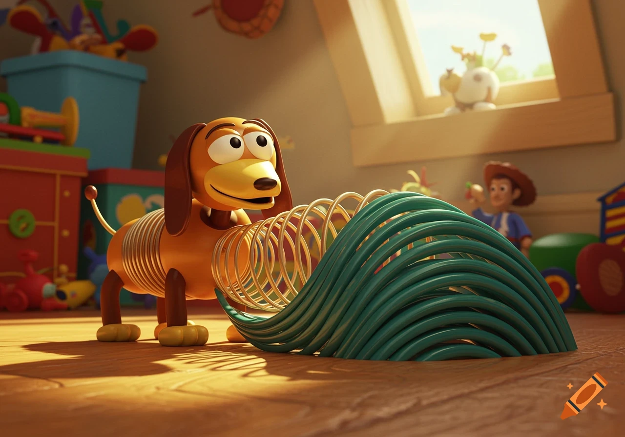 A cartoon Slinky Dog from Toy Story with its slinky body shaped like a teal transverse wave on a wooden floor in a child's room.