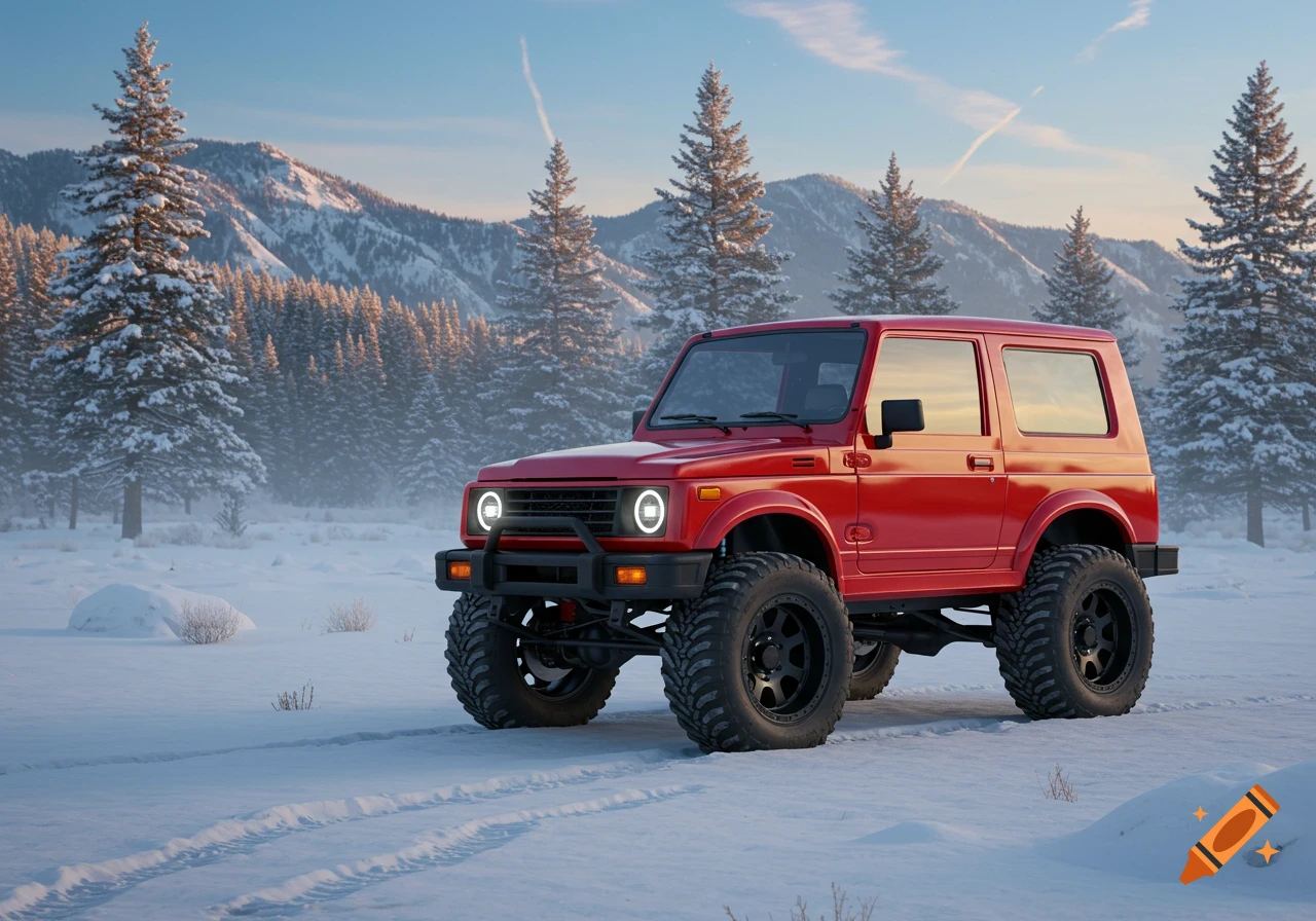 A red off-road truck with large tires is parked on a snowy road with pine trees and mountains in the background.