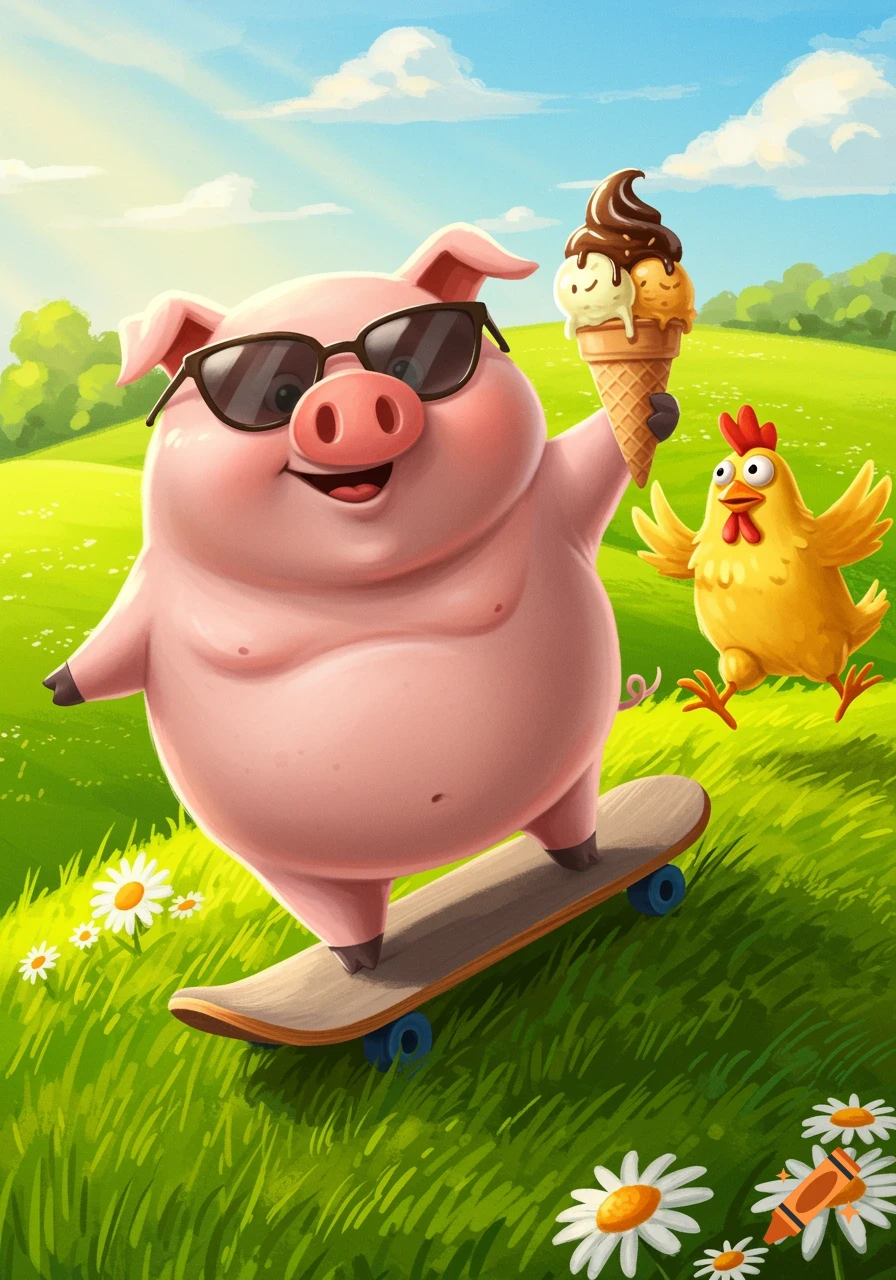 A cartoon pig in sunglasses skateboards down a grassy hill holding an ice cream cone, with a surprised chicken running behind.