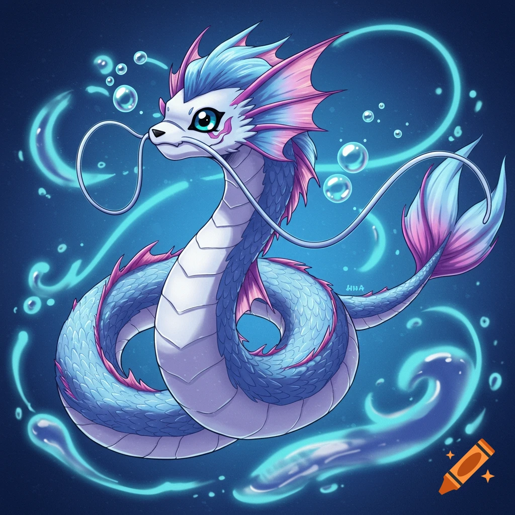A stylized blue and pink dragon-like creature with fins and long whiskers swims in glowing blue water with bubbles.