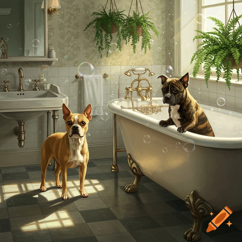 A realistic illustration of two dogs, one brindle and one blonde, in a sunlit bathroom with bubbles, next to a clawfoot tub.