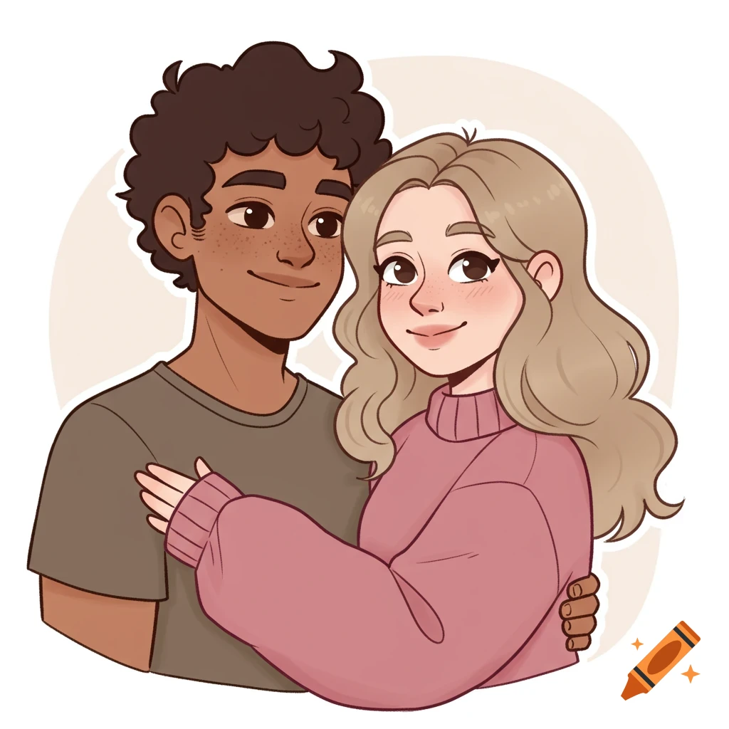 Cute cartoon illustration of a young man with dark curly hair and a young woman with wavy blonde hair, hugging.