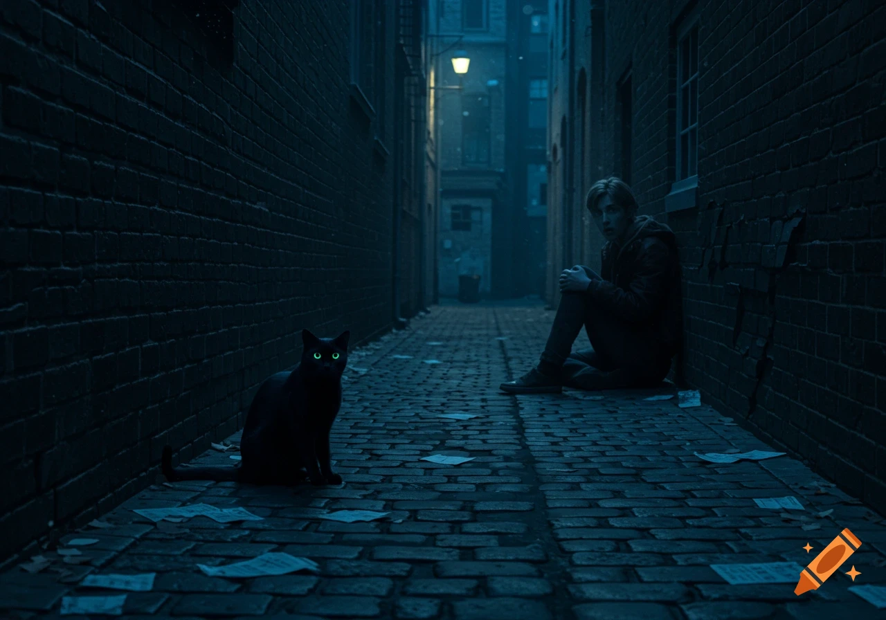 A person sits hunched in a dark, cobblestone alley, looking fearfully at a black cat with glowing green eyes.