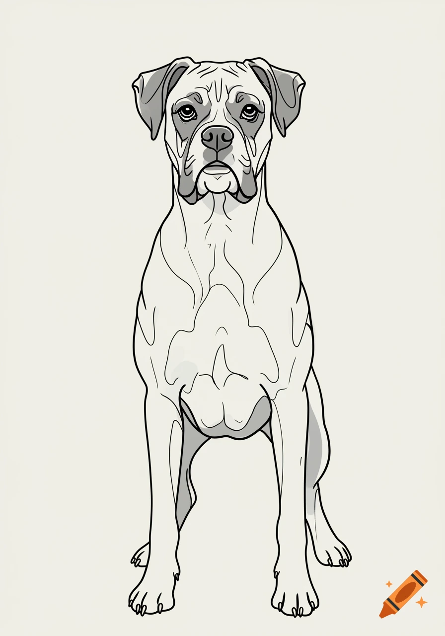 A boxer dog in black and white line art, sitting and facing forward.