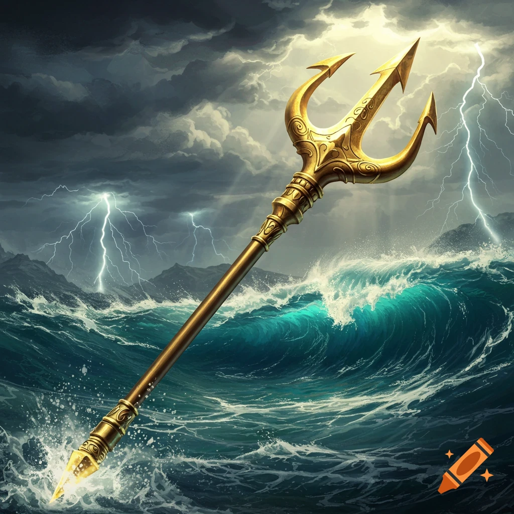 A golden trident piercing a stormy sea with crashing waves and lightning in the dark sky.