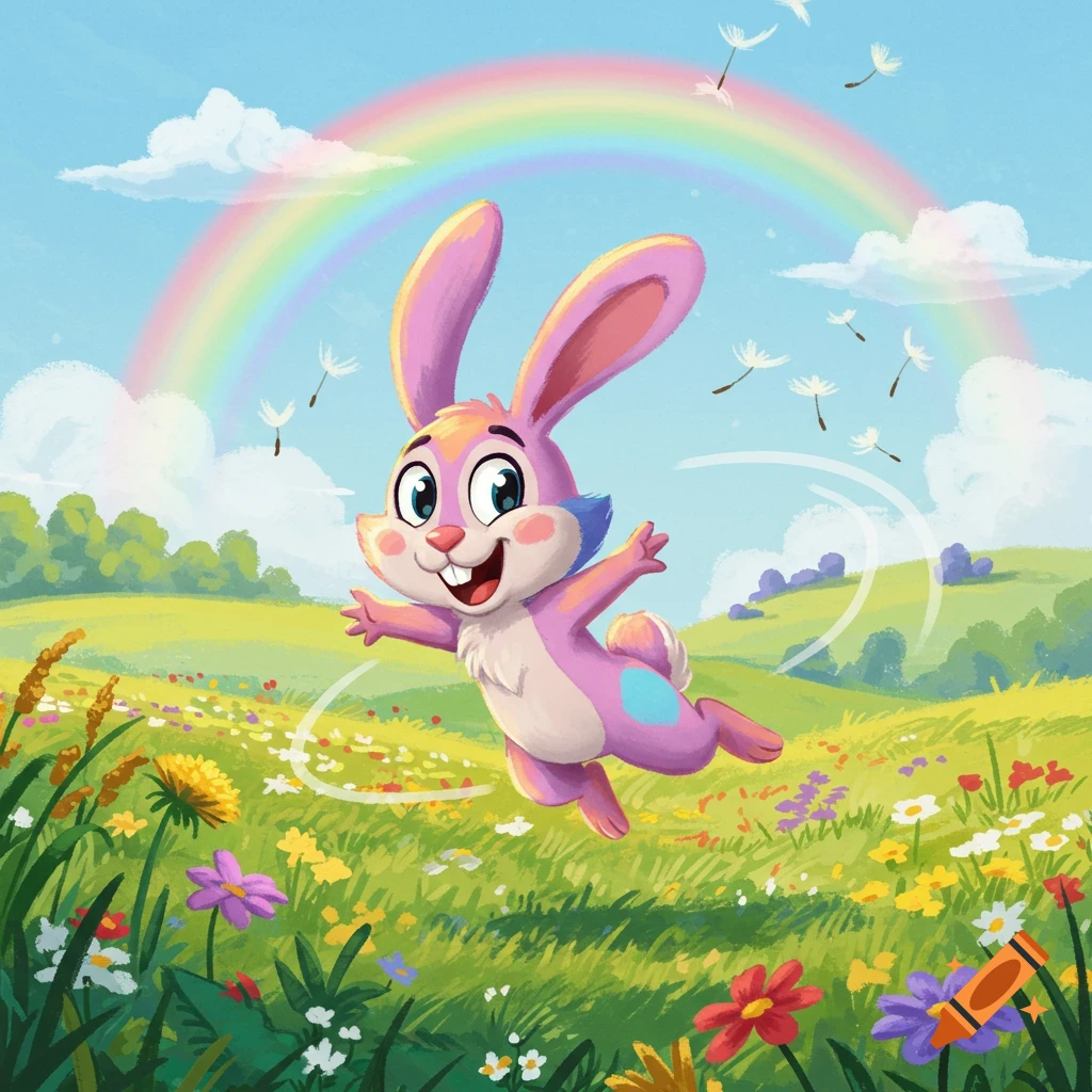 A happy, goofy pink and purple animated rabbit jumps in a vibrant flower field under a rainbow.